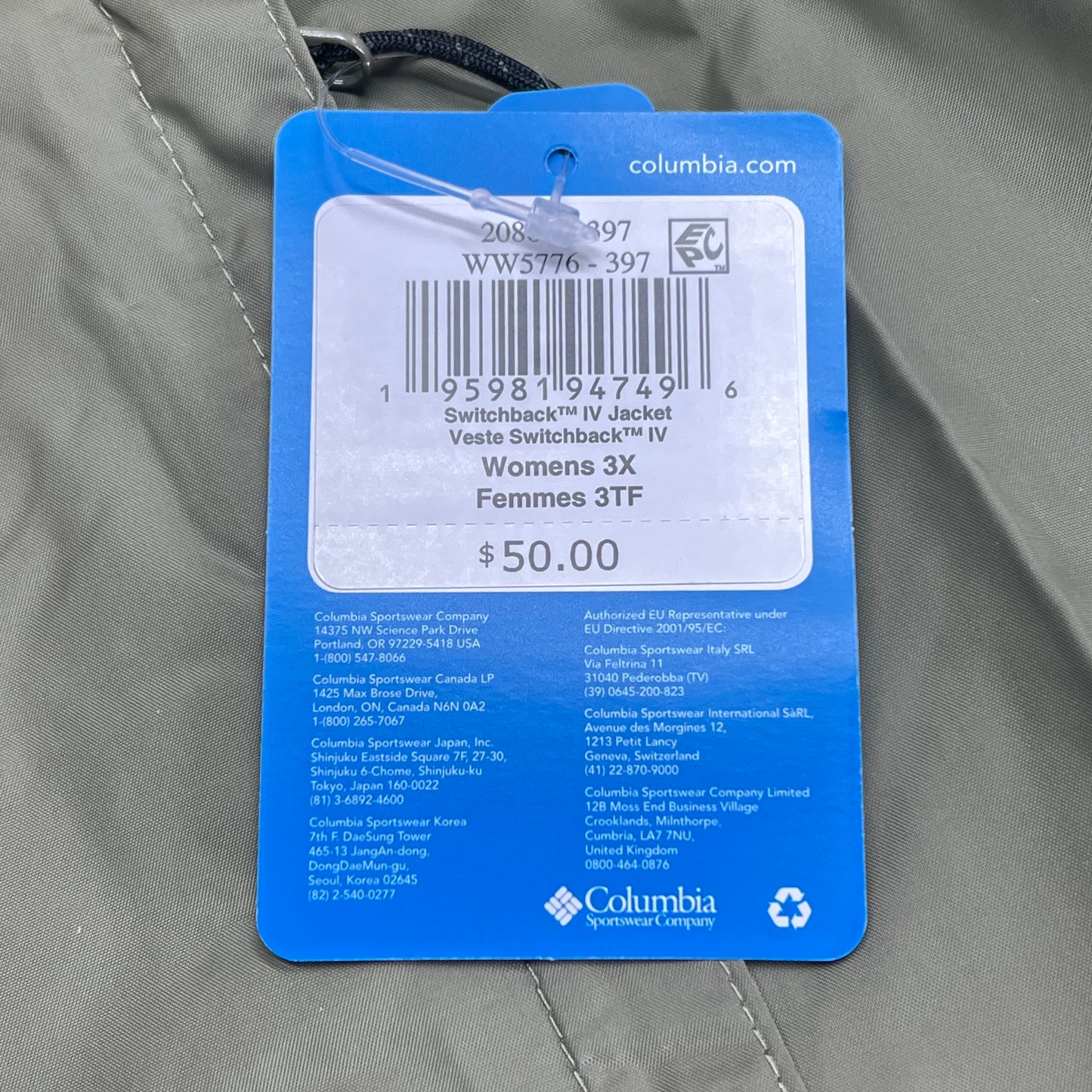 COLUMBIA Switchback Iv Omni-shield Jacket Women's Sz 3X Stone Green WW5776-397