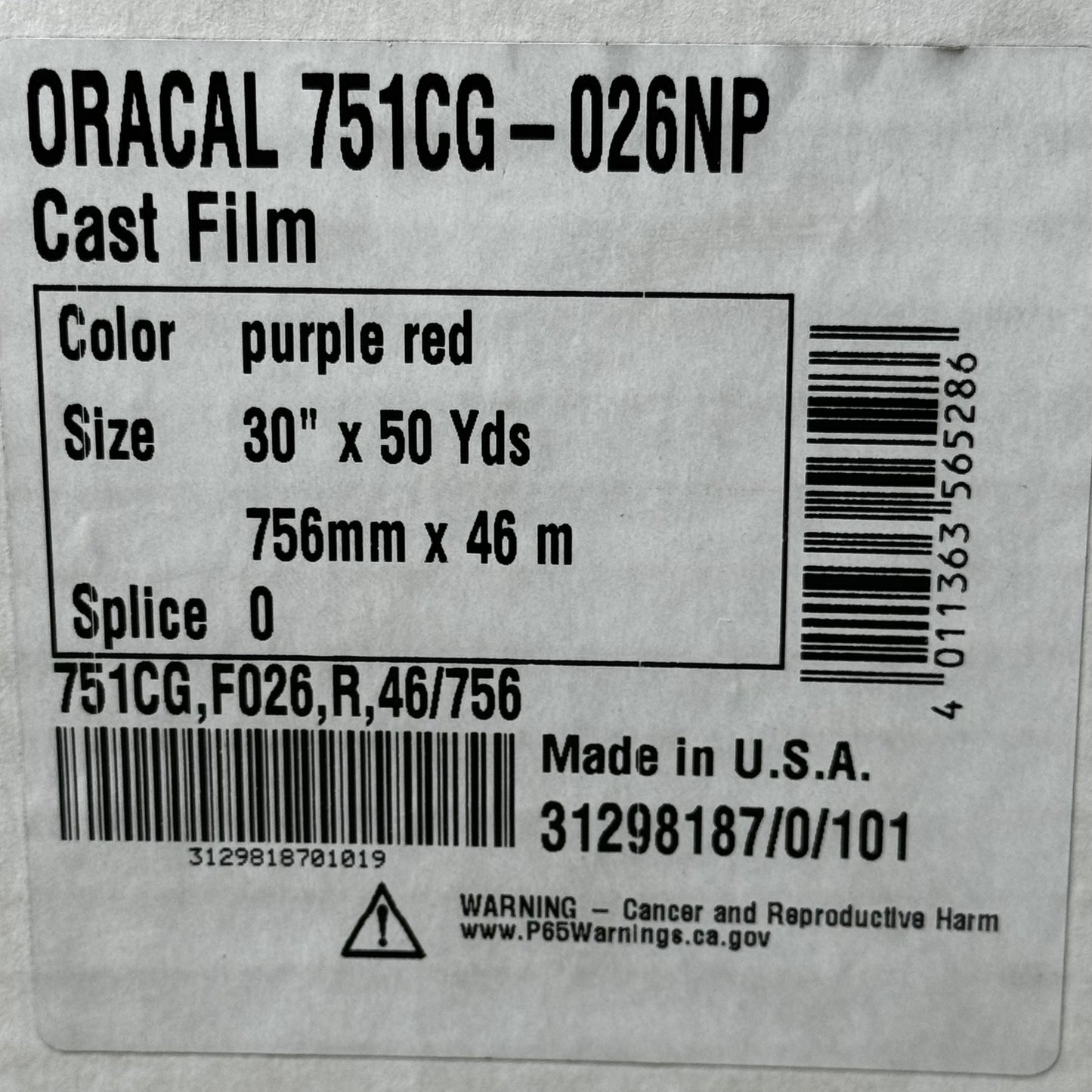 ORAFOL 751 Vinyl High Performance Cast Film 30"X50 Yds Purple Red 751CG-026NP