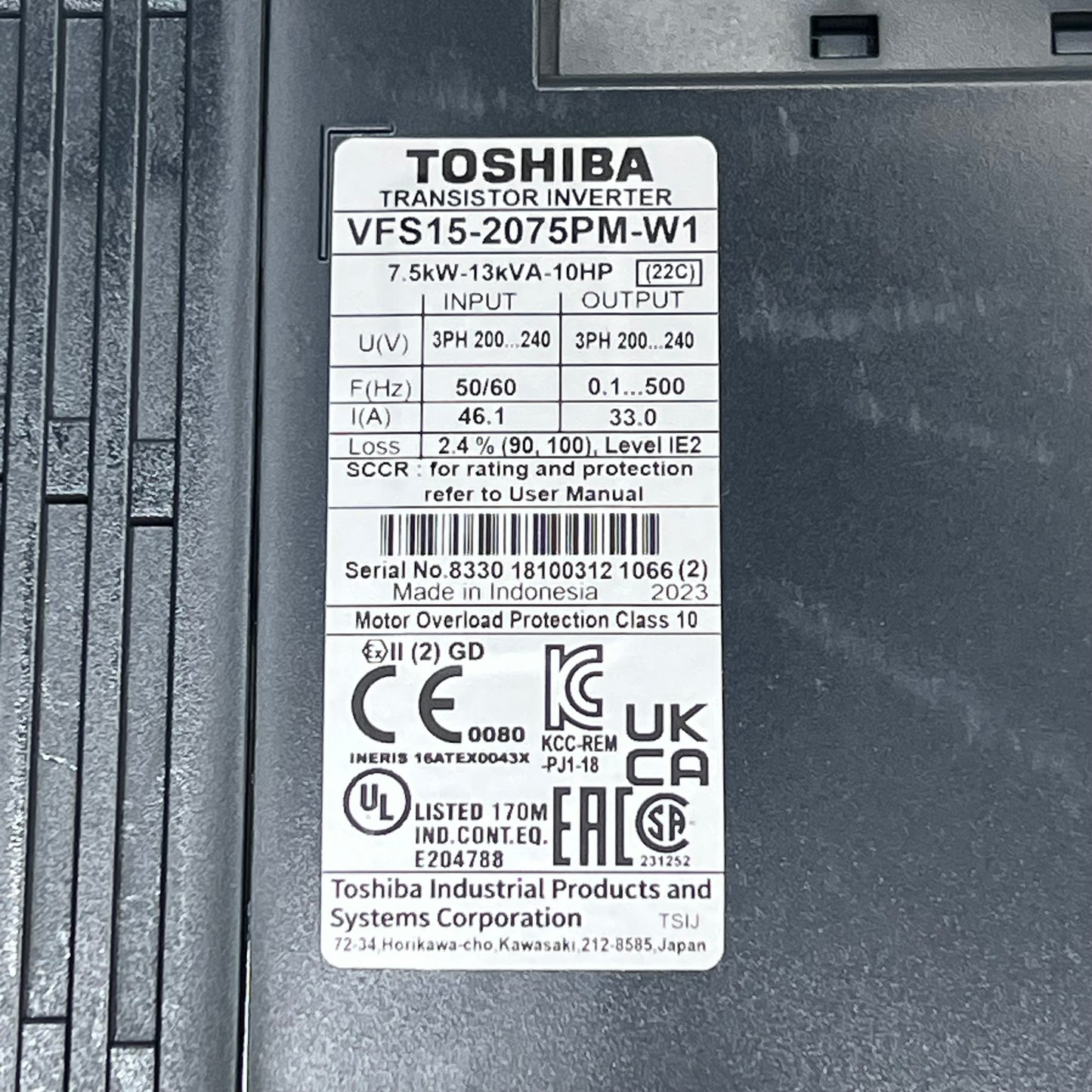 TOSHIBA Low Volt Adjustable Speed Drive S Series 230 Volt 10 HP VFS15-2075P|M-W1