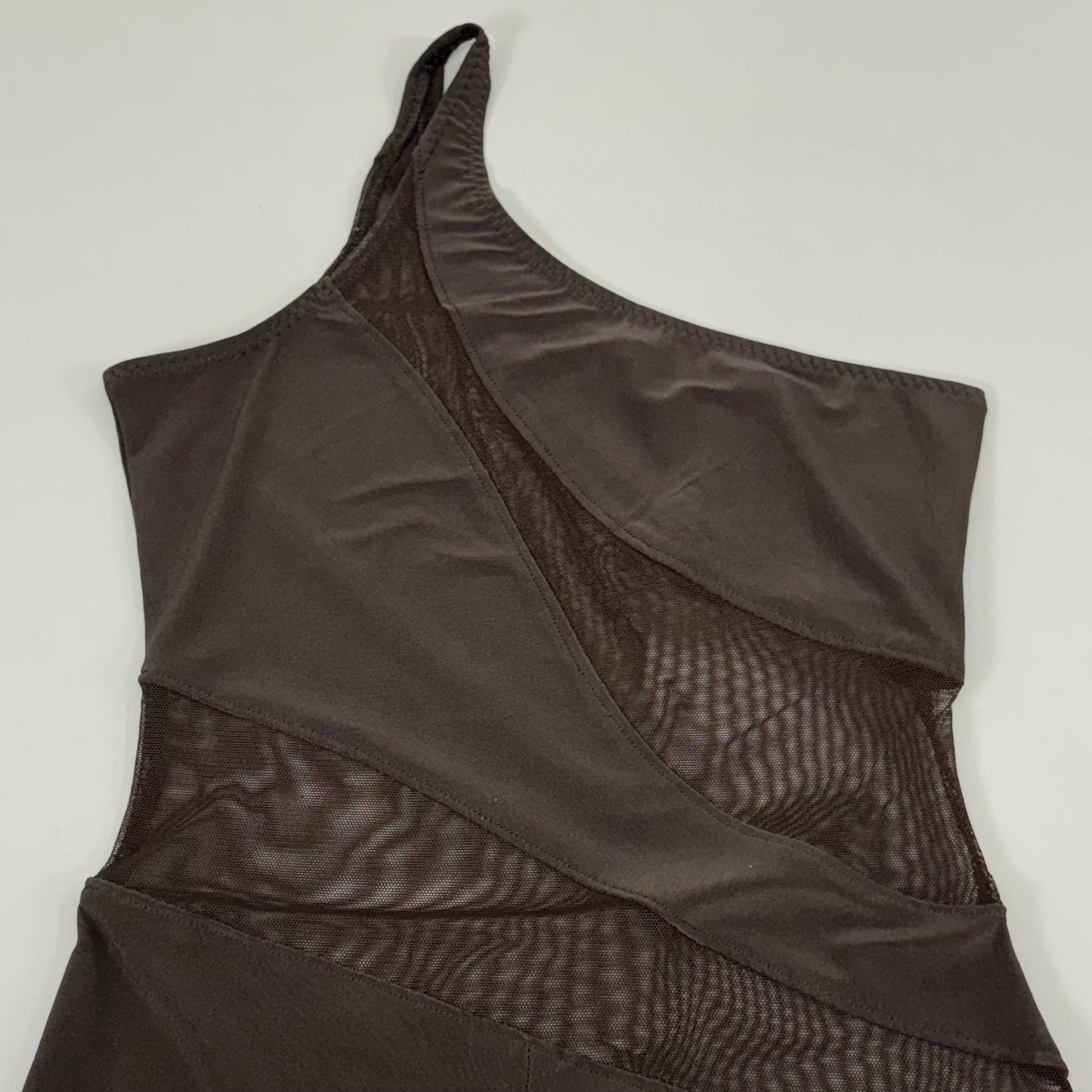 NORMA KAMALI One Shoulder Snake Mesh Catsuit Footsie Women's Sz XXS/32 Chocolate