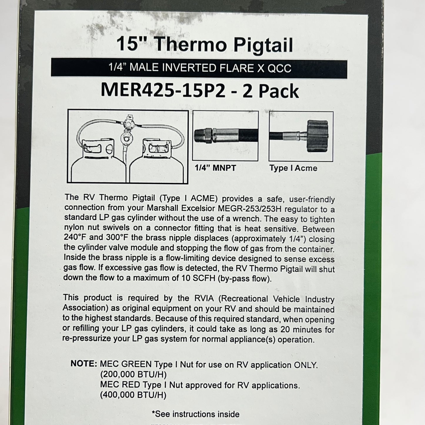 MEC Rv Thermo Pigtail Type 1 Connection 15" 1/4" Invert Flare MER425-15P-2 PACK
