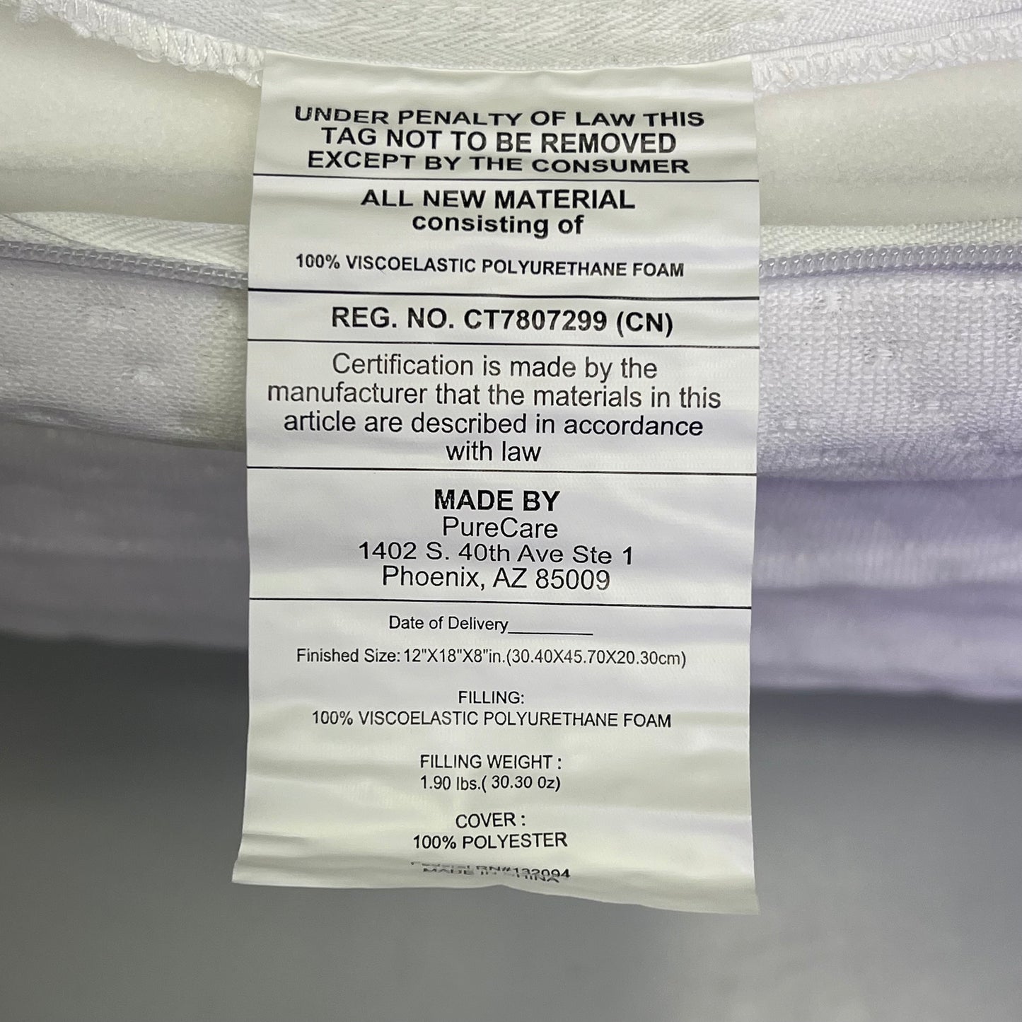 PURECARE Memory Foam Pillow Body Contouring  18" x 12" White