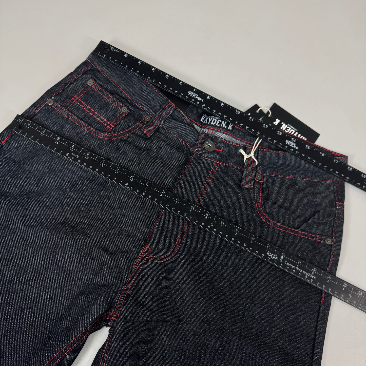 KAYDENK Raw Loose Fit Unwashed Denim Contrast Stitch Jean Men SZ 36/32 Black/Red