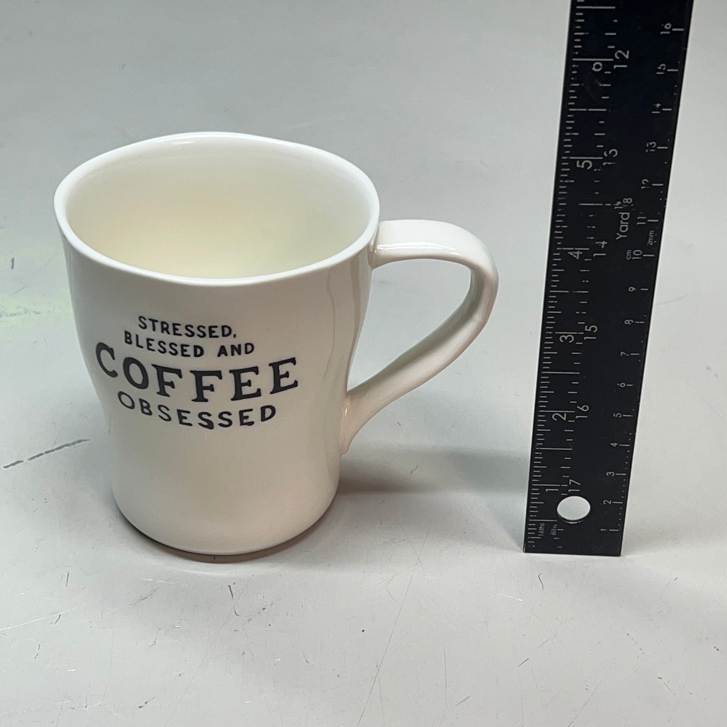 CREATIVE CO-OP Set Of 6 Stoneware Mug w/ Wax Relief Coffee Sayings 6 Styles 12oz White/Black DF9620A