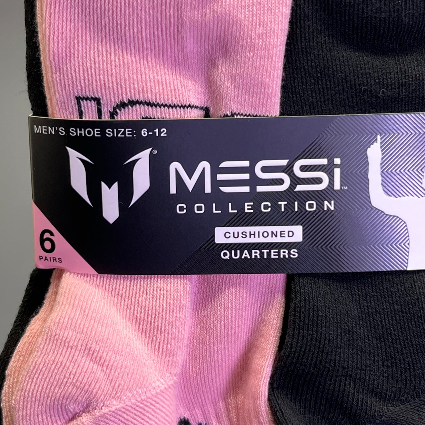 MESSI COLLECTION (6 PAIR) Socks Cushioned Quarters Men's Sz 6-12, Pink & Black