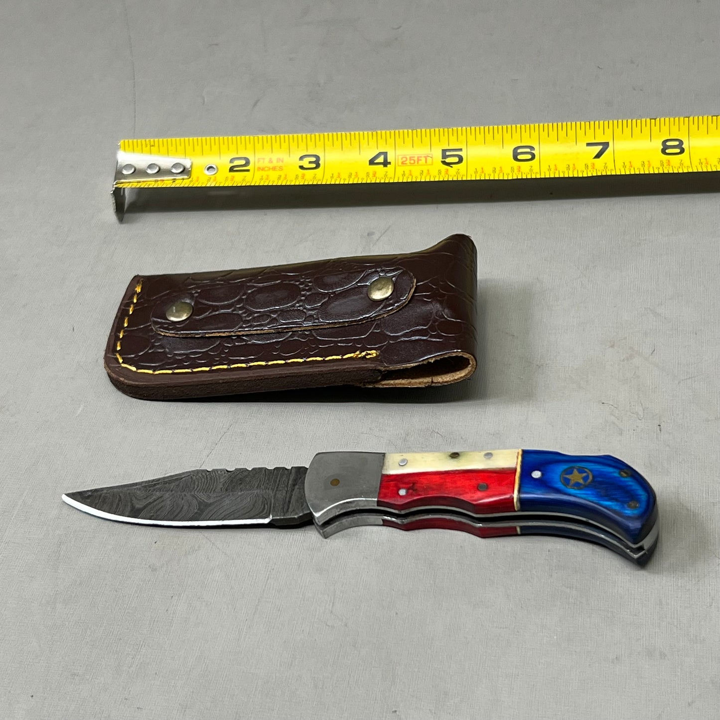XROSSROADS Damascus Folding Pocket Knife(Locking) W/Sheath 6.5" Red/White/Blue