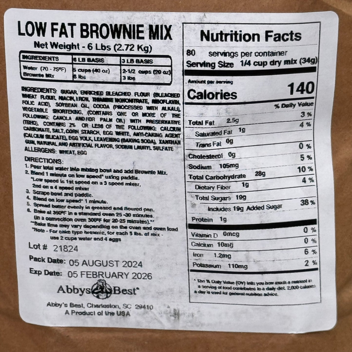 ABBY’S BEST(6 PACK, 36 Pounds Total) Low Fat Brownie Mix 80 Servings BB 02/2026