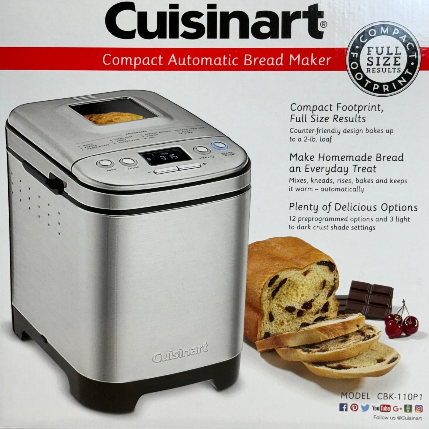 CUISINART Bread Maker Machine Sz 10.5” H x 10” L x 7.5” W Silver CBK-110P1