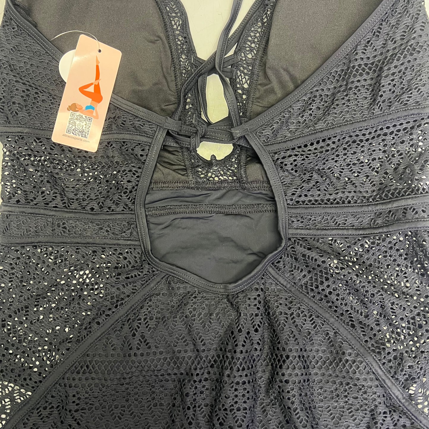 CHARMO Solid Cross Plunge Crochet One Piece Swimsuit Women's Sz M Black