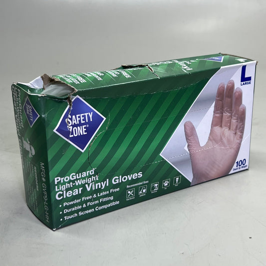 ZA@ SAFETY ZONE (2 PACK of 100 Gloves) Clear Vinyl Gloves Sz L GVP9-LG-HH (AS-IS, Distressed Box) D