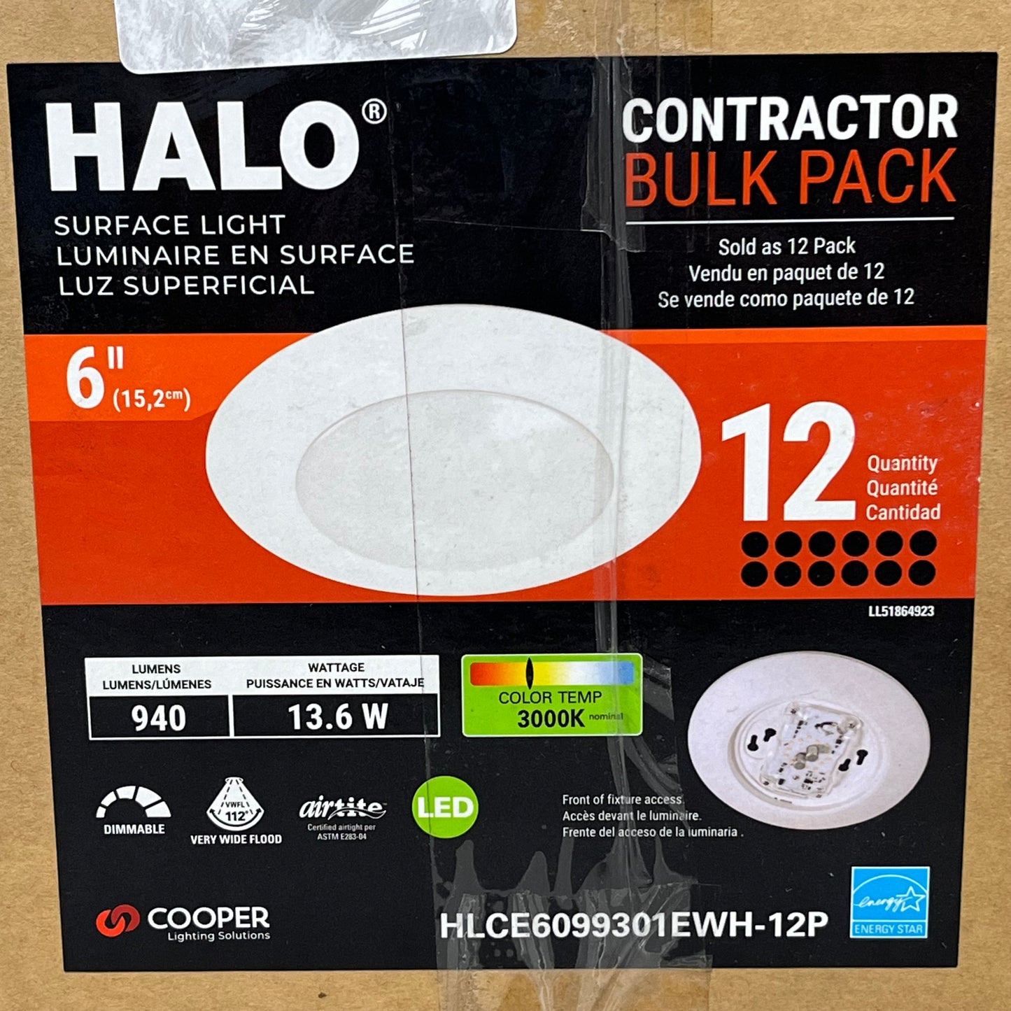 HALO(12 PACK)Surface Light Dimmable 750 Lumen Matte White LED HLCE6099301EWH-12P