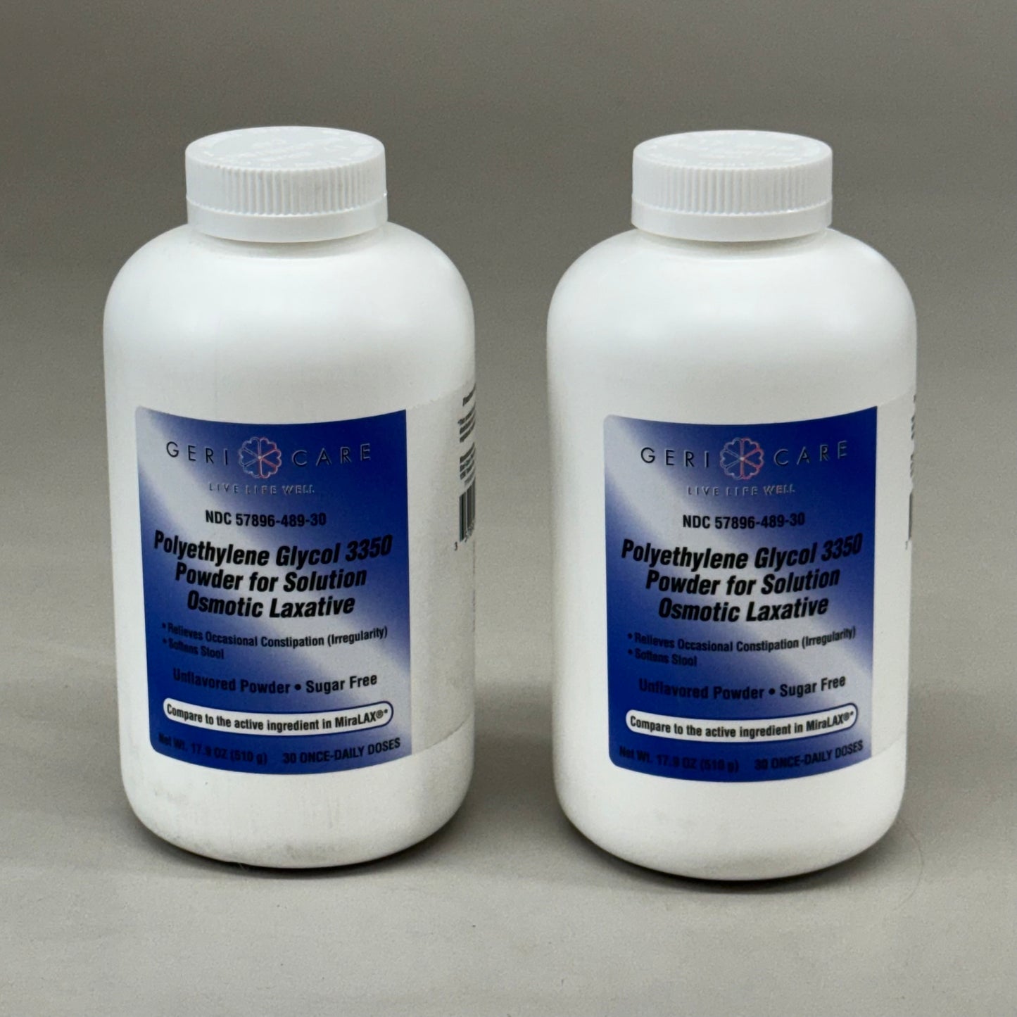 GERI CARE (2 Pack, 30 Doses Each) Polyethylene Gycol Powder For Solution Osmotic Laxative 17.9oz