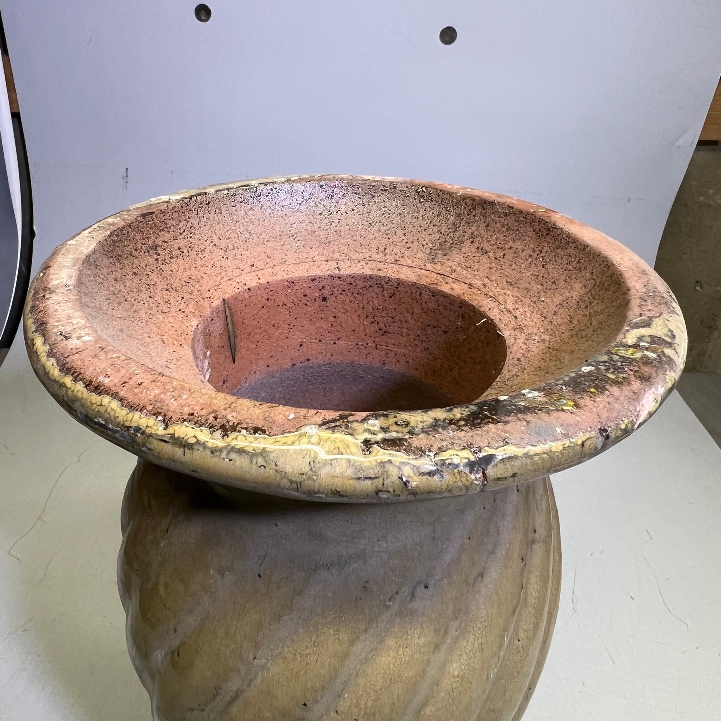 ZA@ Glazed Pottery 2 Piece Swirl Stand Bird Bath 22" L x 20" Dia Bright Yellow/Taupe