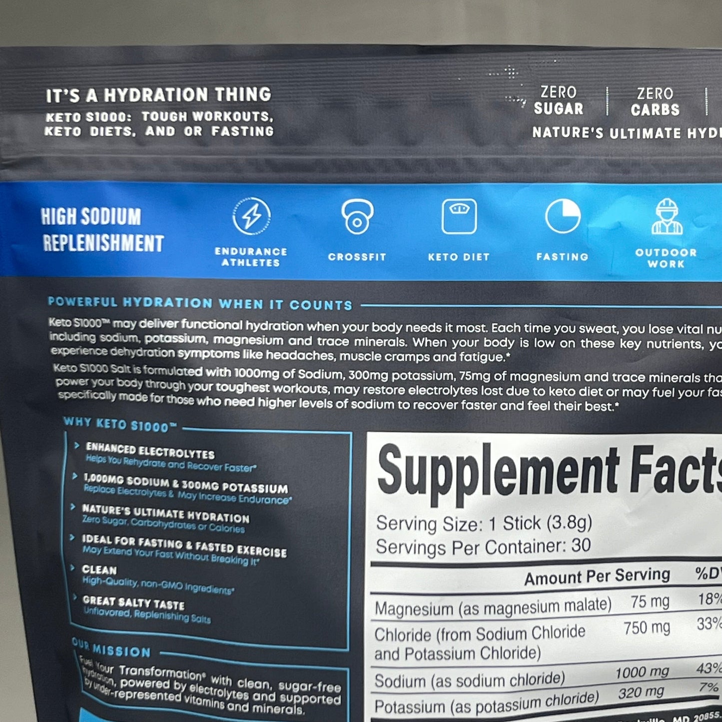 ZA@ KETO S1000 (30 PACK) Electrolytes Powder Packets Unflavored Salts 07/25 C