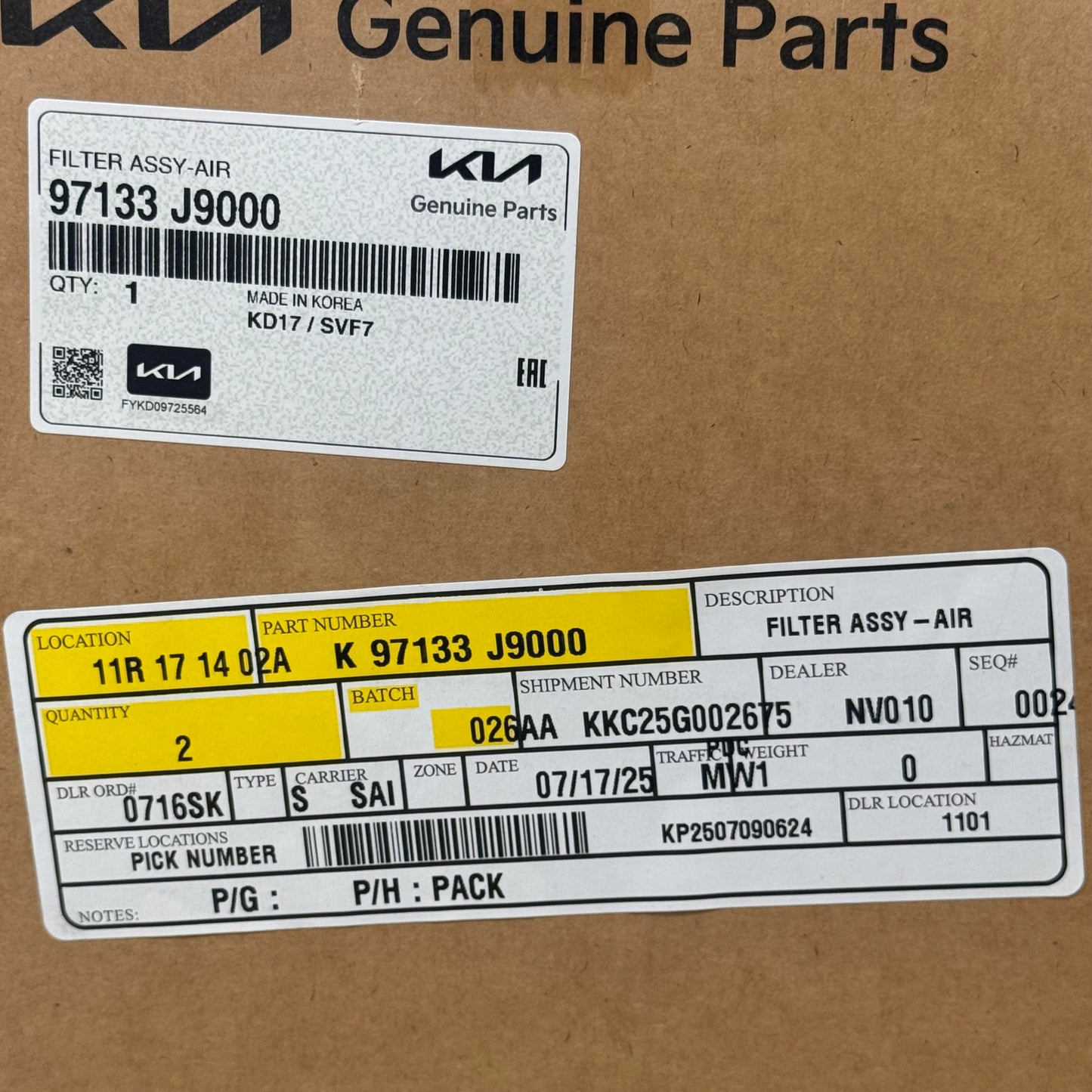 KIA Cabin Air Filter Genuine Parts 2021-2025 Kia Seltos 97133J9000