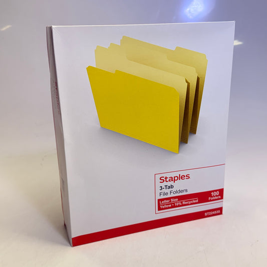 STAPLES (2 PACK, 100 Count Ea) 3 - Tab File Folders Letter Size Yellow ST224535
