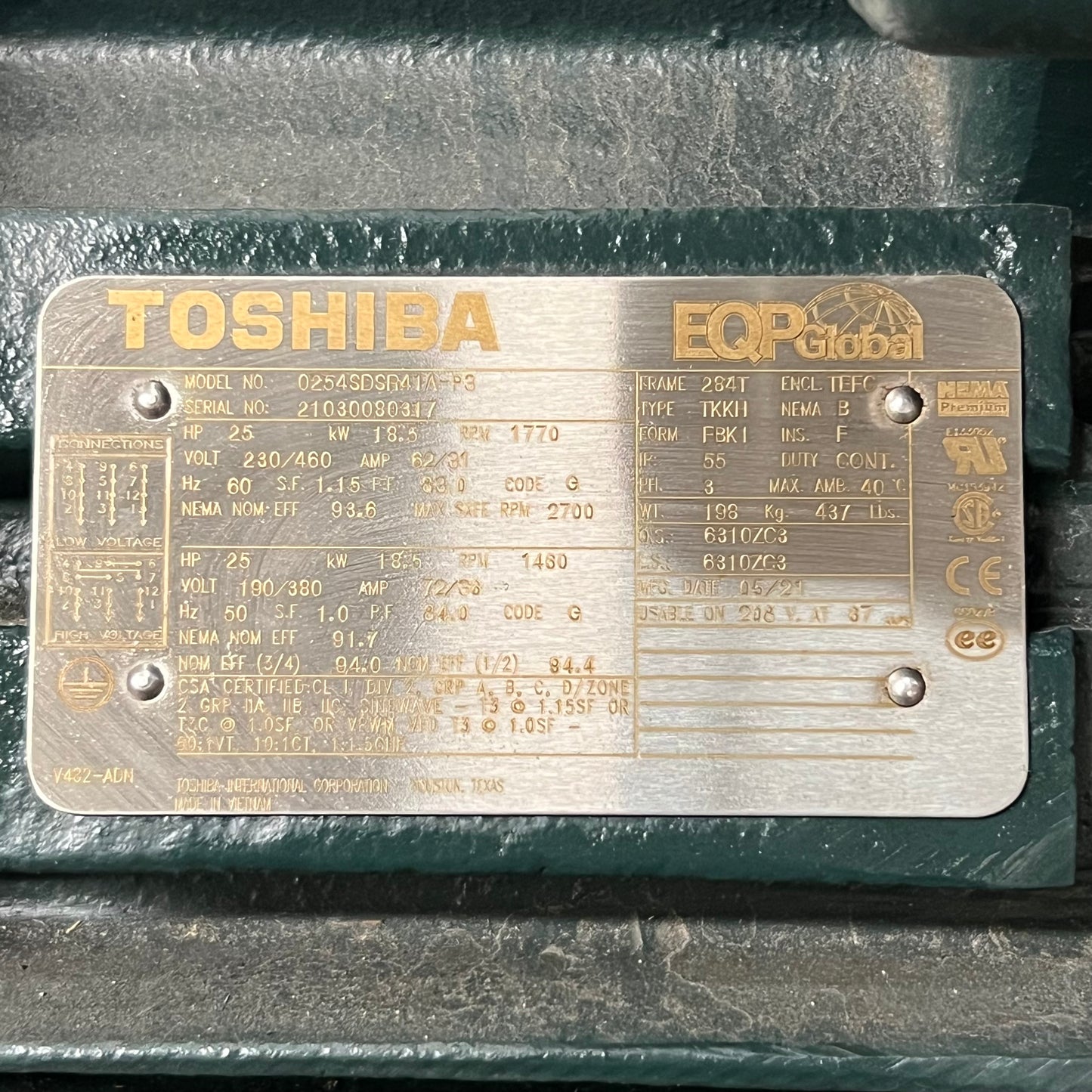 TOSHIBA Motor EQP Global 0254SDSR41A-P3 (AS-IS)