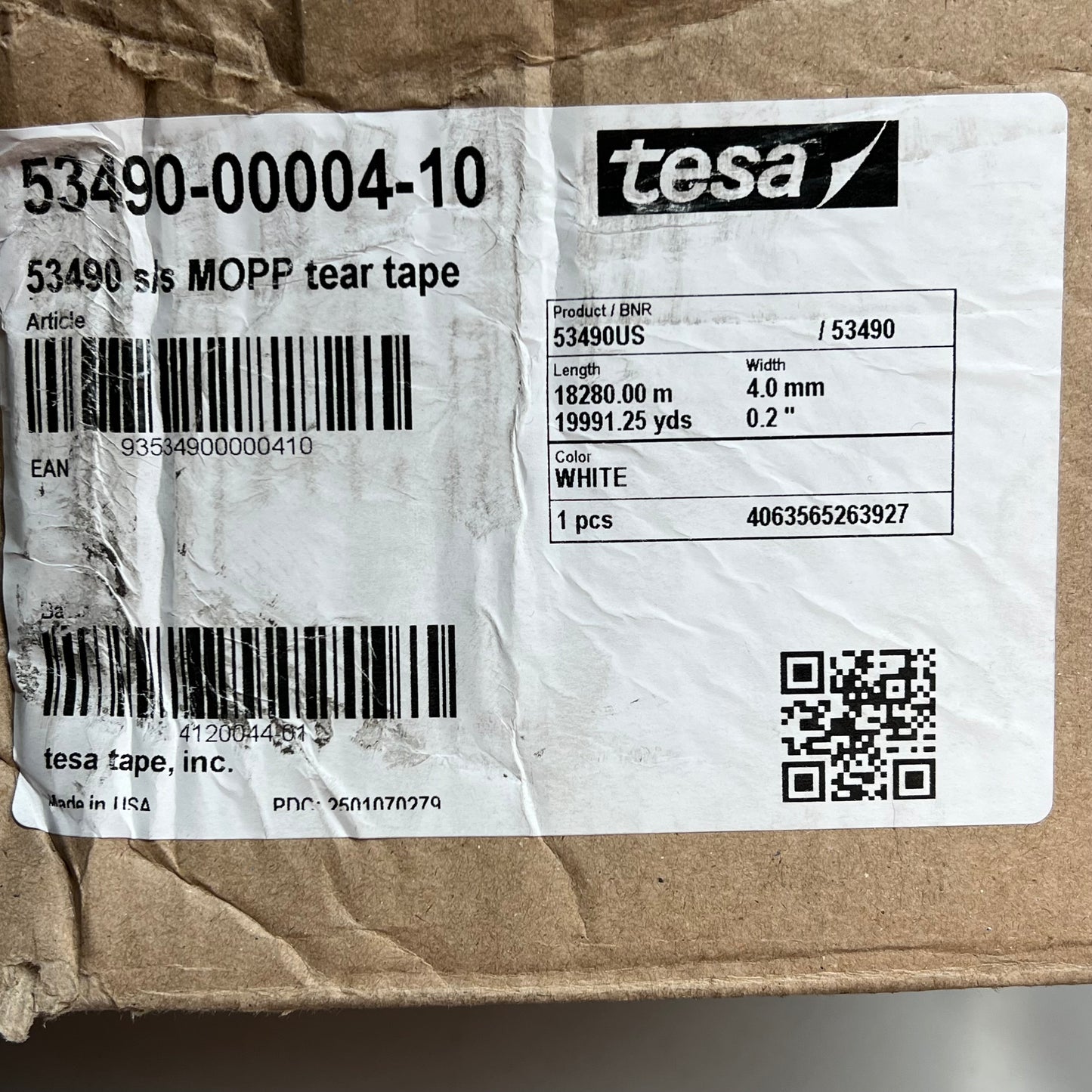 TESA Tear Tape Aggressive Adhesive 19991.25 Yds x 0.2" White 53490-00004-10