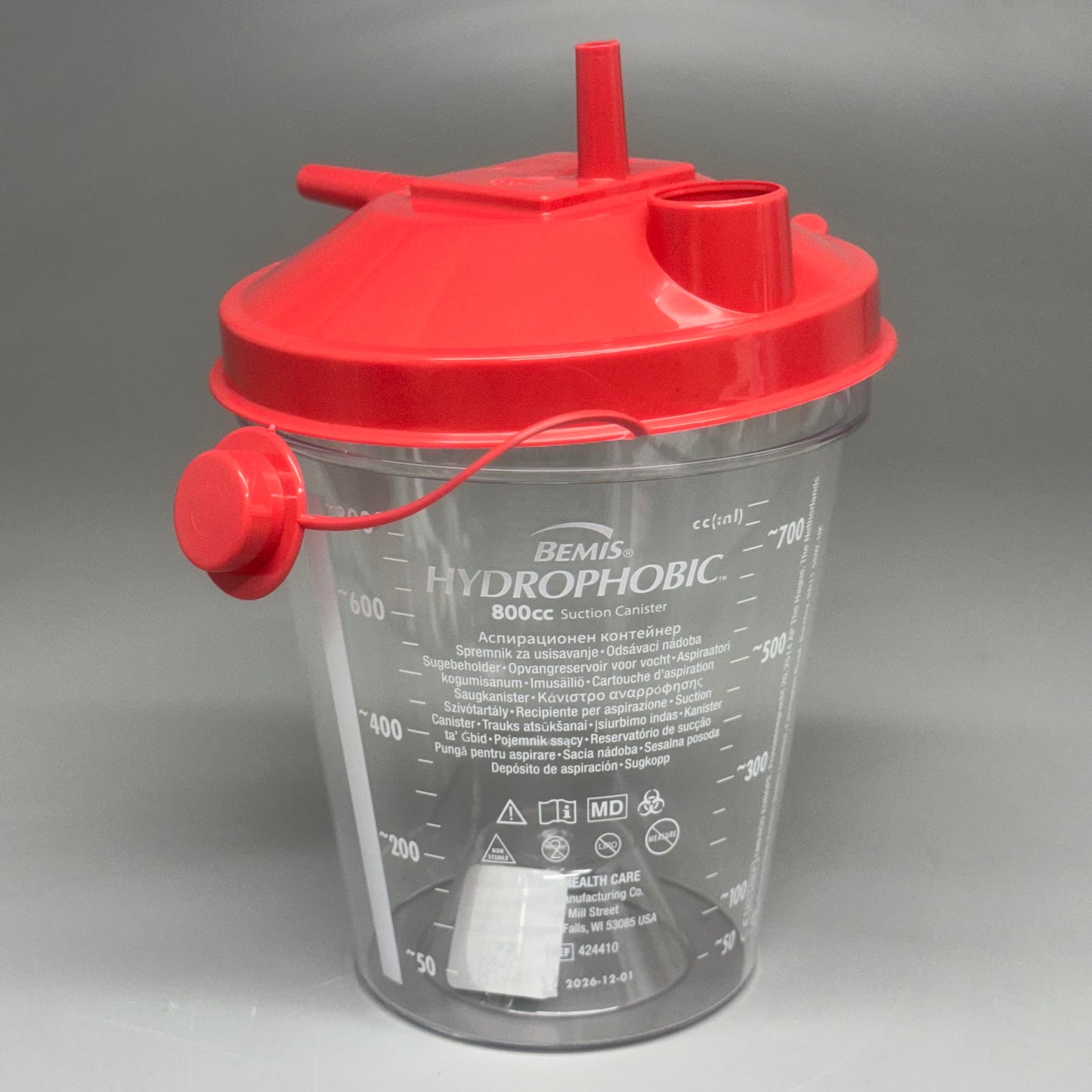 BEMIS HYDROPHOBIC 10PK Suction Canisters 800cc 424410 7 1/2”Hx5”W Clear and Red