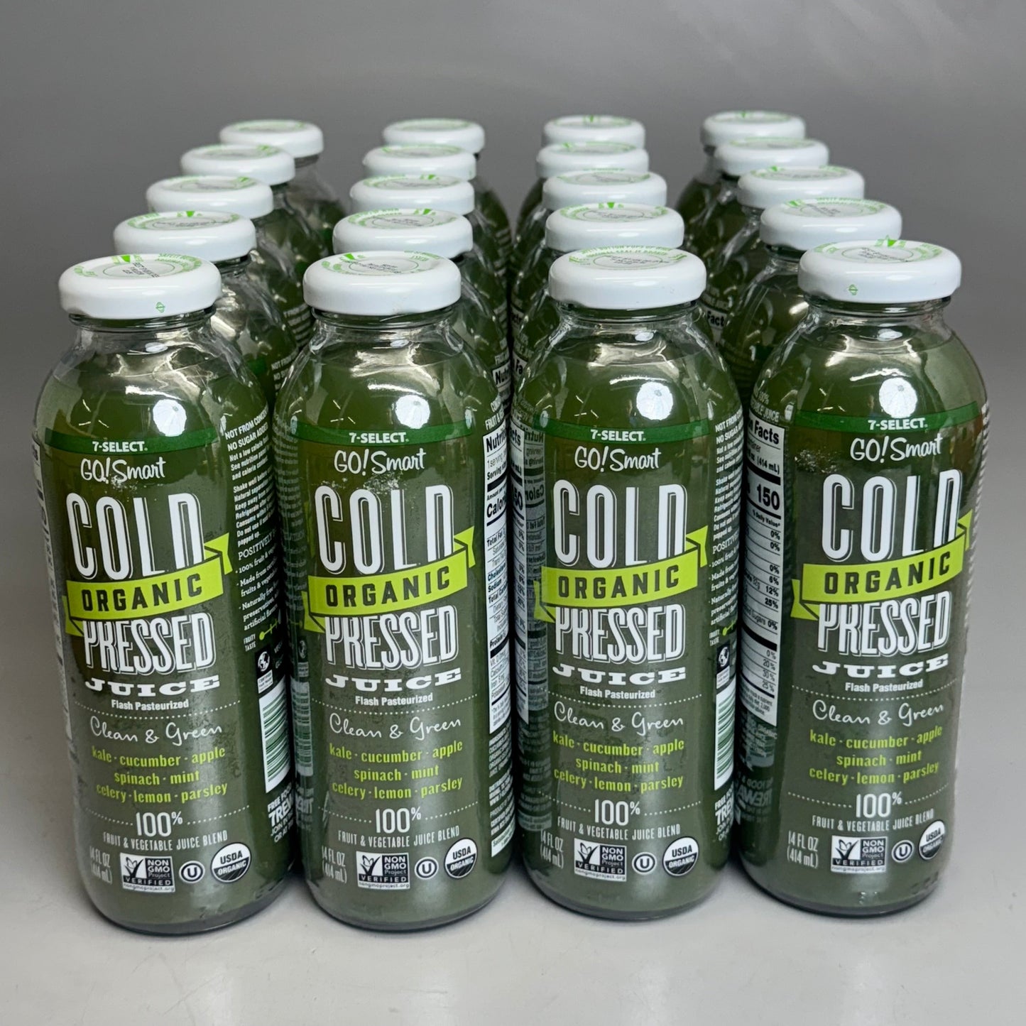 ZA@ 7-SELECT (100 PACK, 14 oz Each) Clean & Green Cold-pressed Organic Juice BB 05/25 D