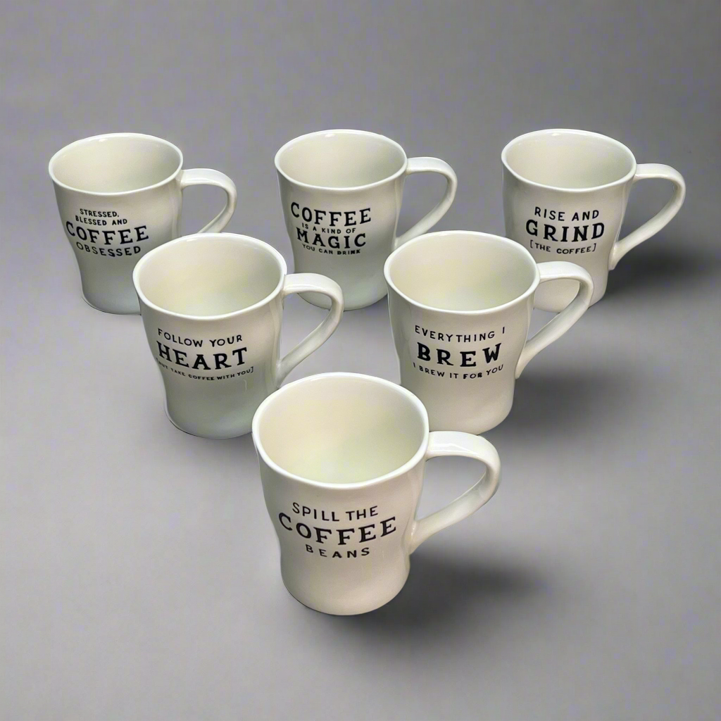 CREATIVE CO-OP Set Of 6 Stoneware Mug w/ Wax Relief Coffee Sayings 6 Styles 12oz White/Black DF9620A