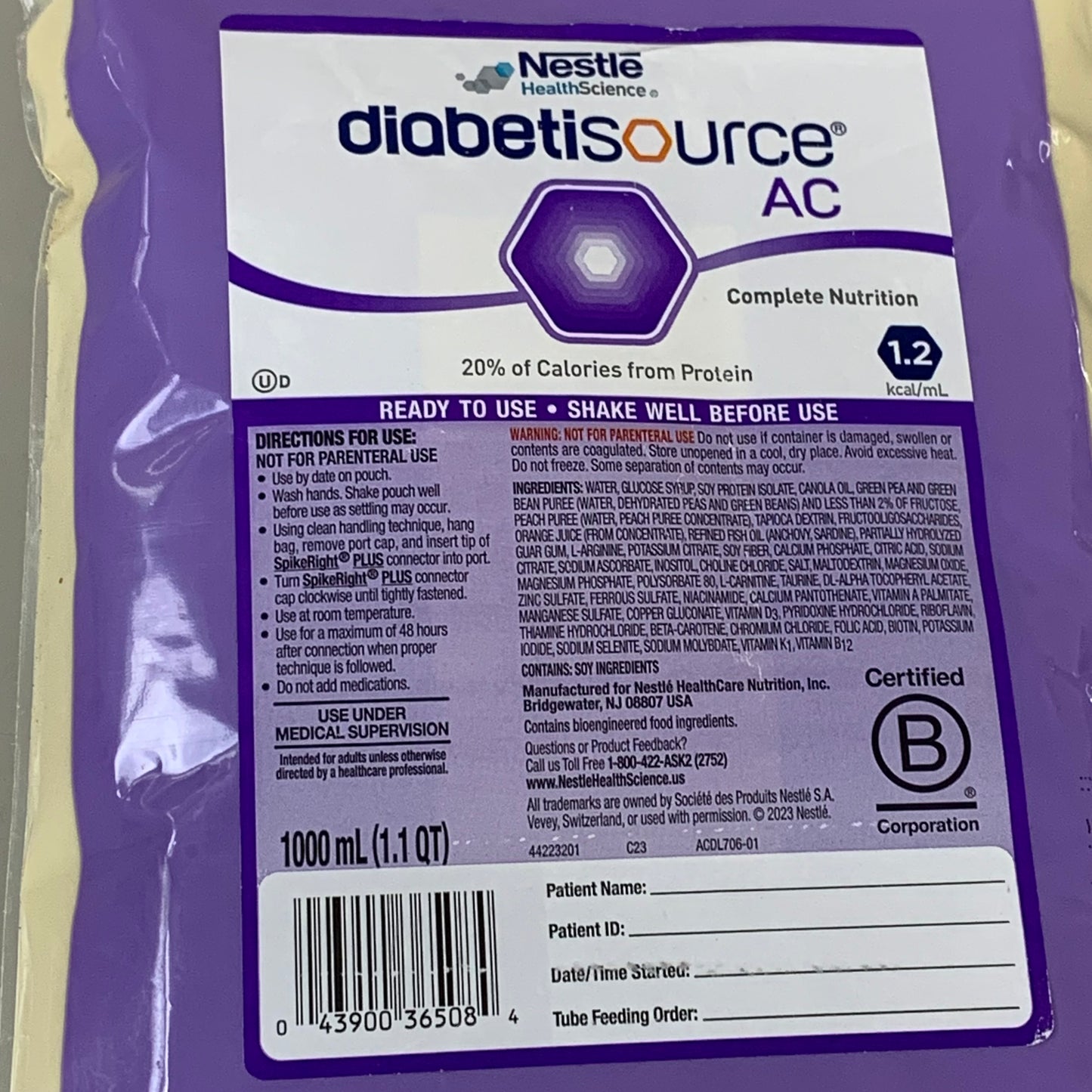 NESTLE (6 PACK) Health Science Diabetisource AC RTube Feeding Only 1 L BB 12/25