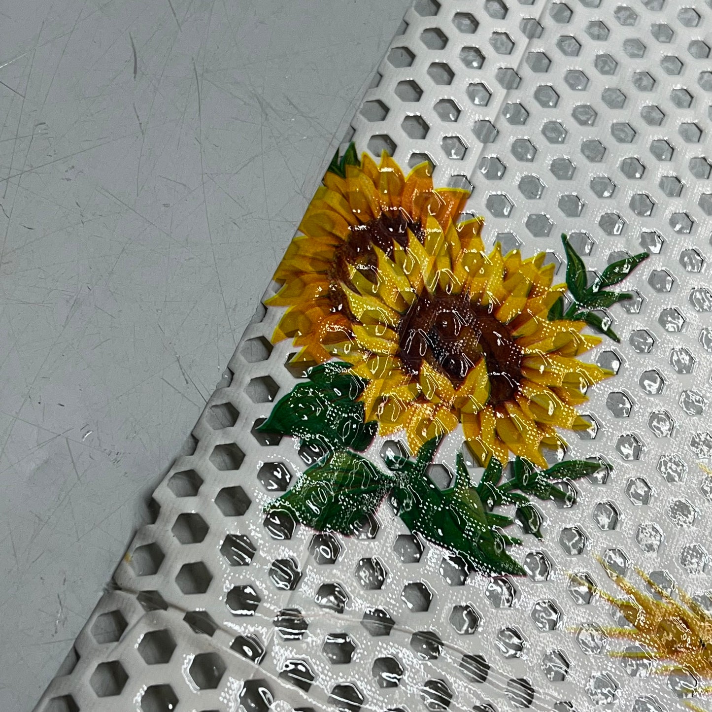 PVC Glossy Hexagon Lace Sunflower Dinning Tablecloth 54"x60' White/Yellow