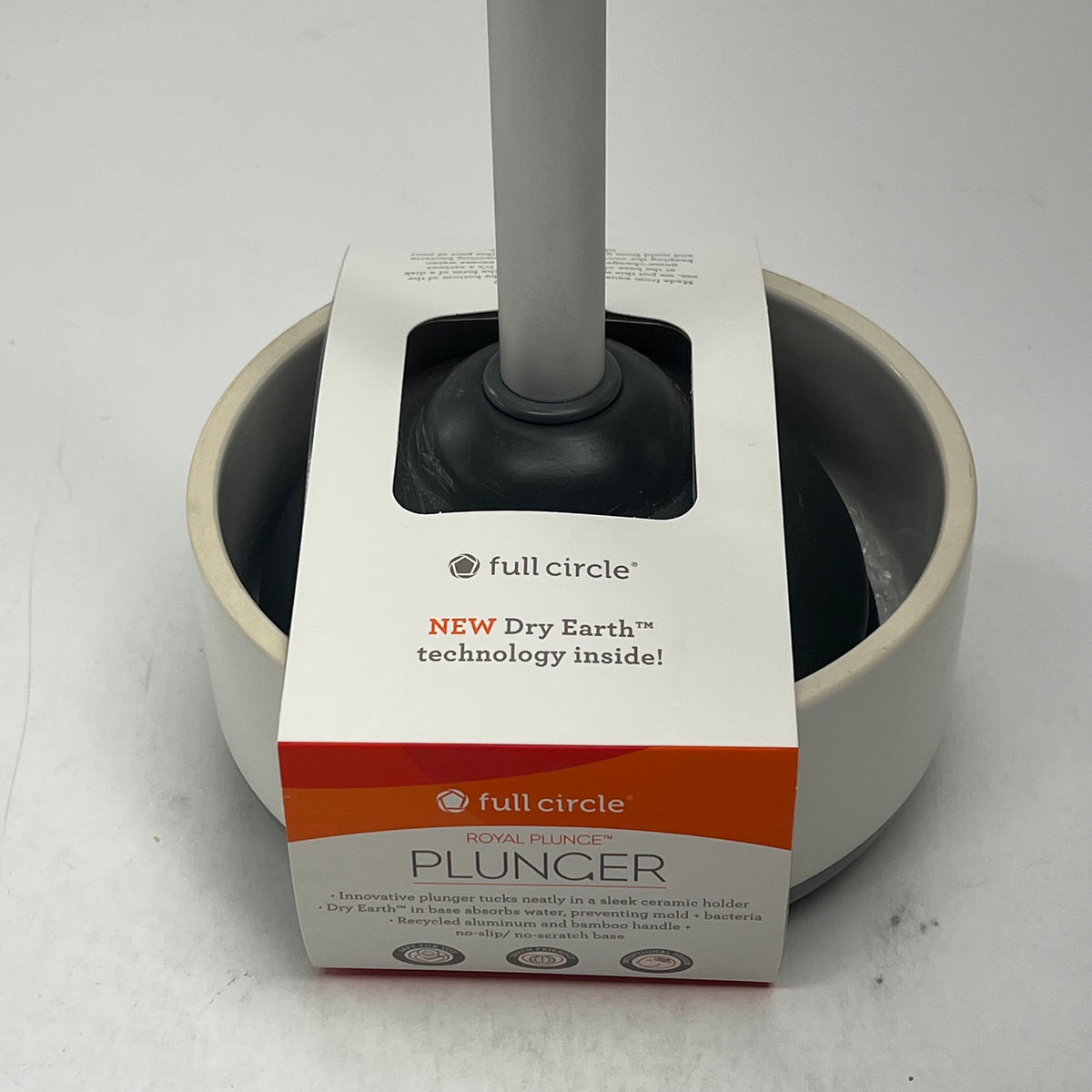 FULL CIRCLE Royal Plunge Toilet Plunger W/ Ceramic Holding Bowl White/Grey