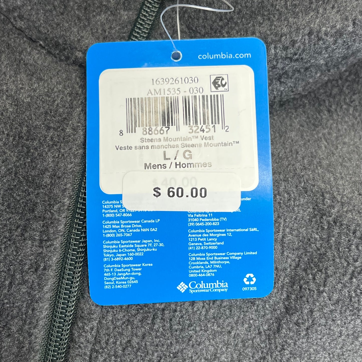 COLUMBIA Steens Mountain Full Zip Soft Fleece Vest Men's Sz L Grey AS1535-030