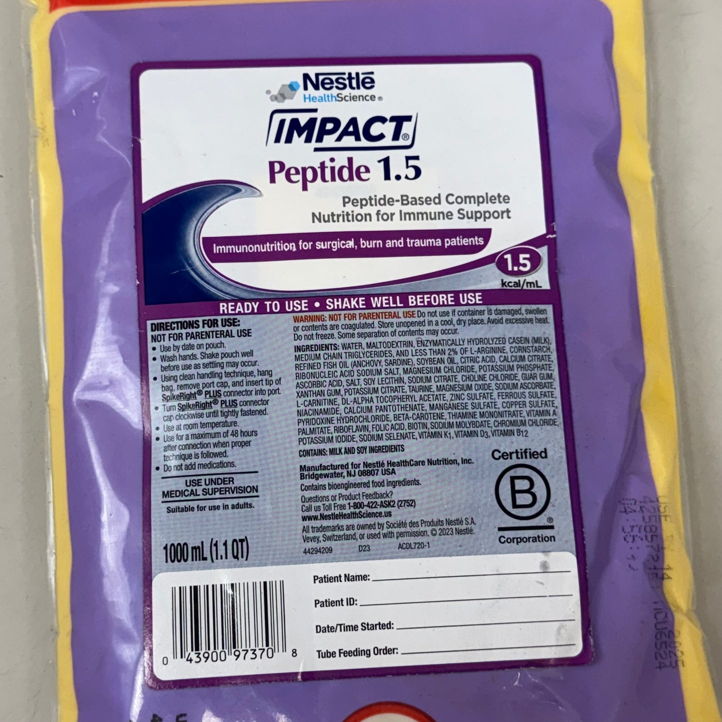 NESTLE (6 PACK) Impact Peptide 1.5 Tube Feeding Formula Unflavored 1.1qt BB 9/25