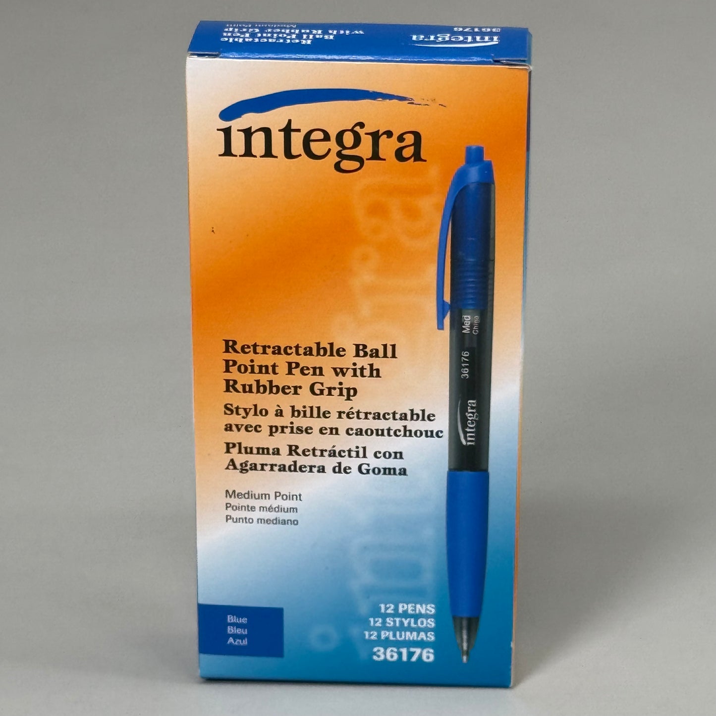 INTEGRA (12 PACK) Retractable Ball Medium Point Pen w/ Rubber Grip Blue 36176