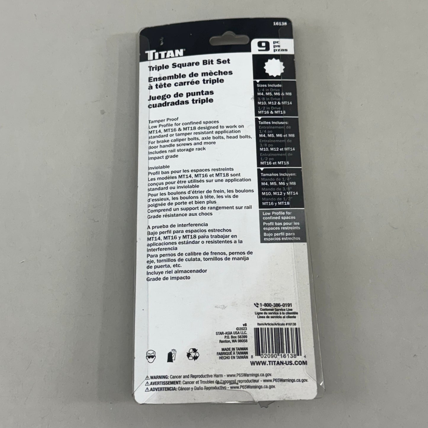 TITAN (9 Piece) Triple Square Bit Set 1/4"-1/2" Dr M4-MT18 Black 16138 Low Profile Impact