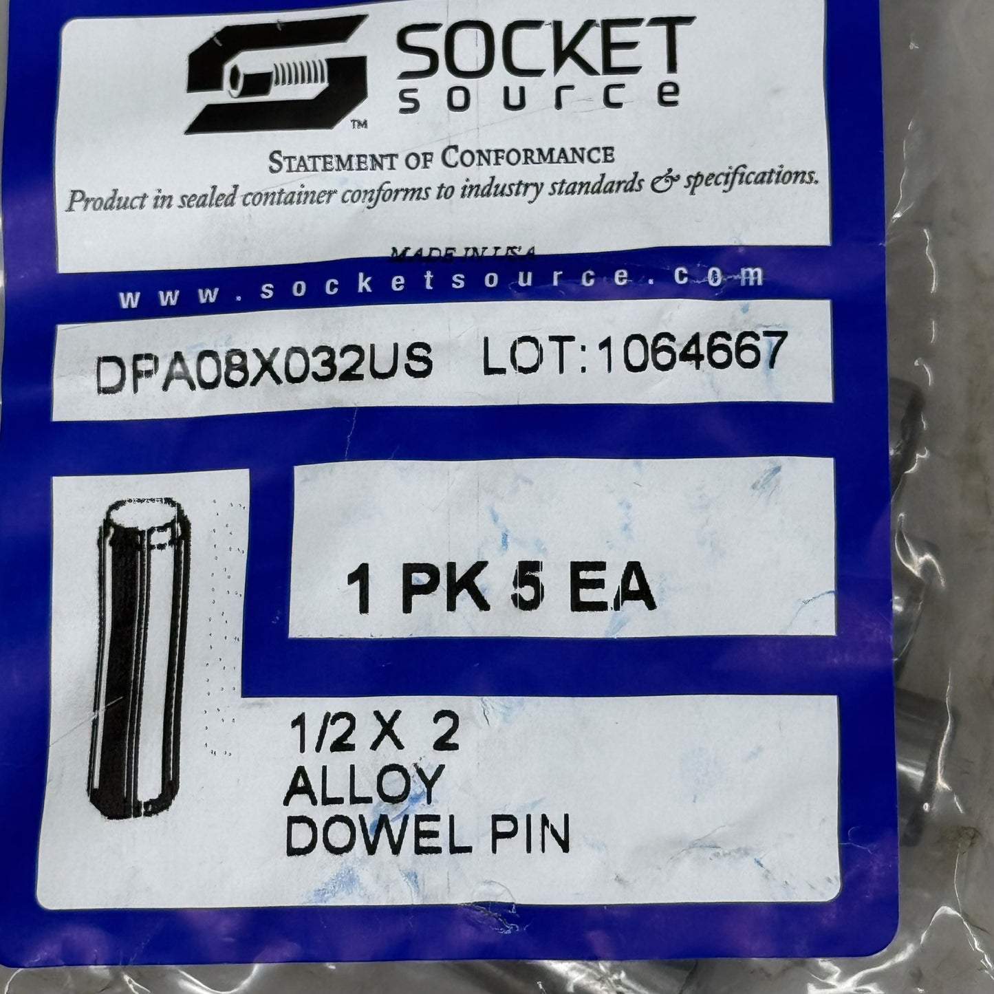 SOCKET SOURCE (5 PACK, 25 PINS TOTAL) Alloy Dowel Pins Bright Finish 1/2"D x2"L