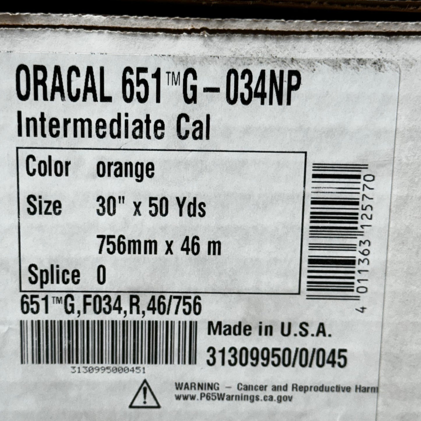 ORAFOL Oracal Intermediate Cal Orange 30" X 50 Yds 2.5 Mil Thick 651G-034NP