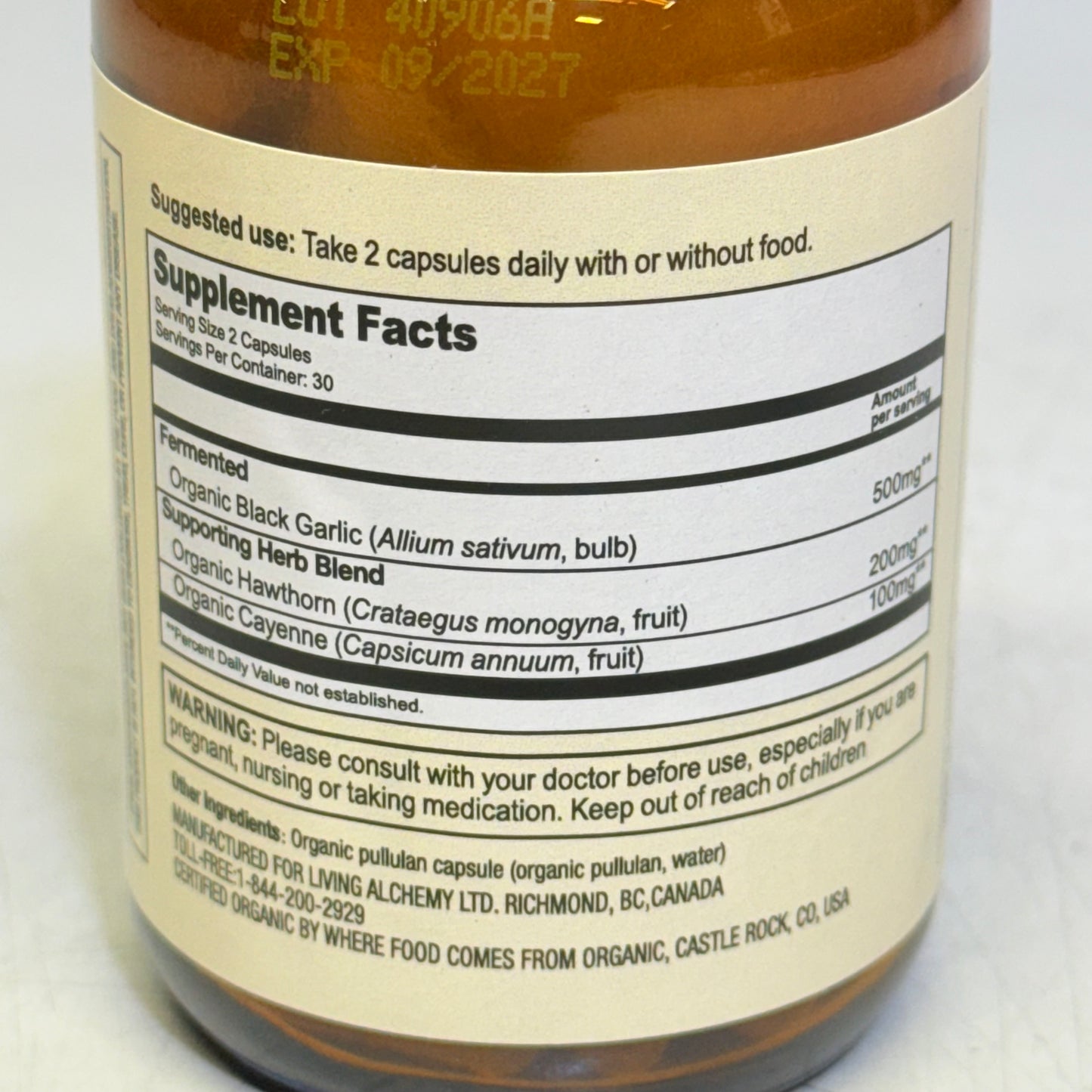 LIVING ALCHEMY Black Garlic Cardiovascular Support BB 09/27 60 Vegan Capsules