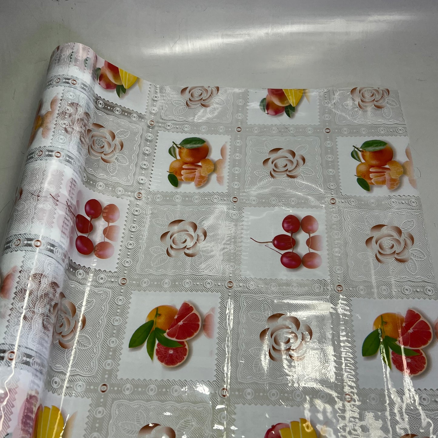 PVC Glossy Patchwork Faux Lace Floral Fruit Table Cloth 54"x60' Clear/Multicolor