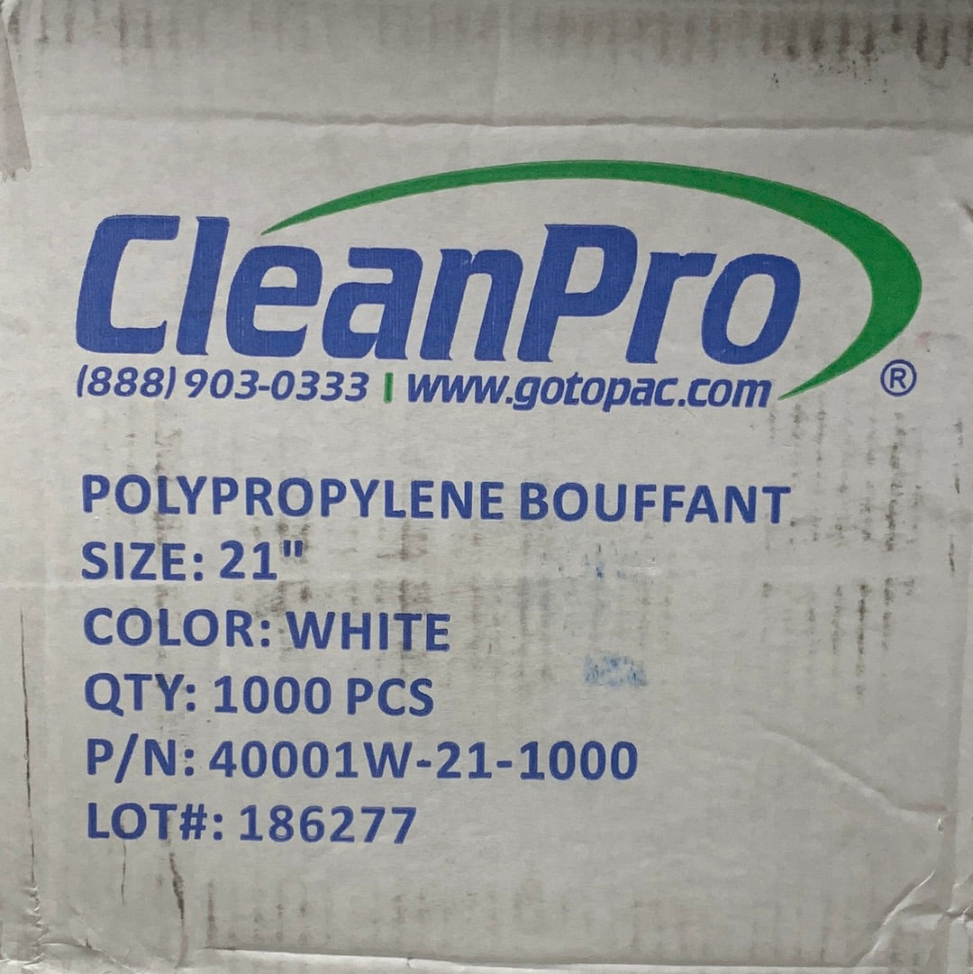 CLEANPRO (1,000 PACK) Polypropylene Bouffant 21" 40001W BB 07/03/26