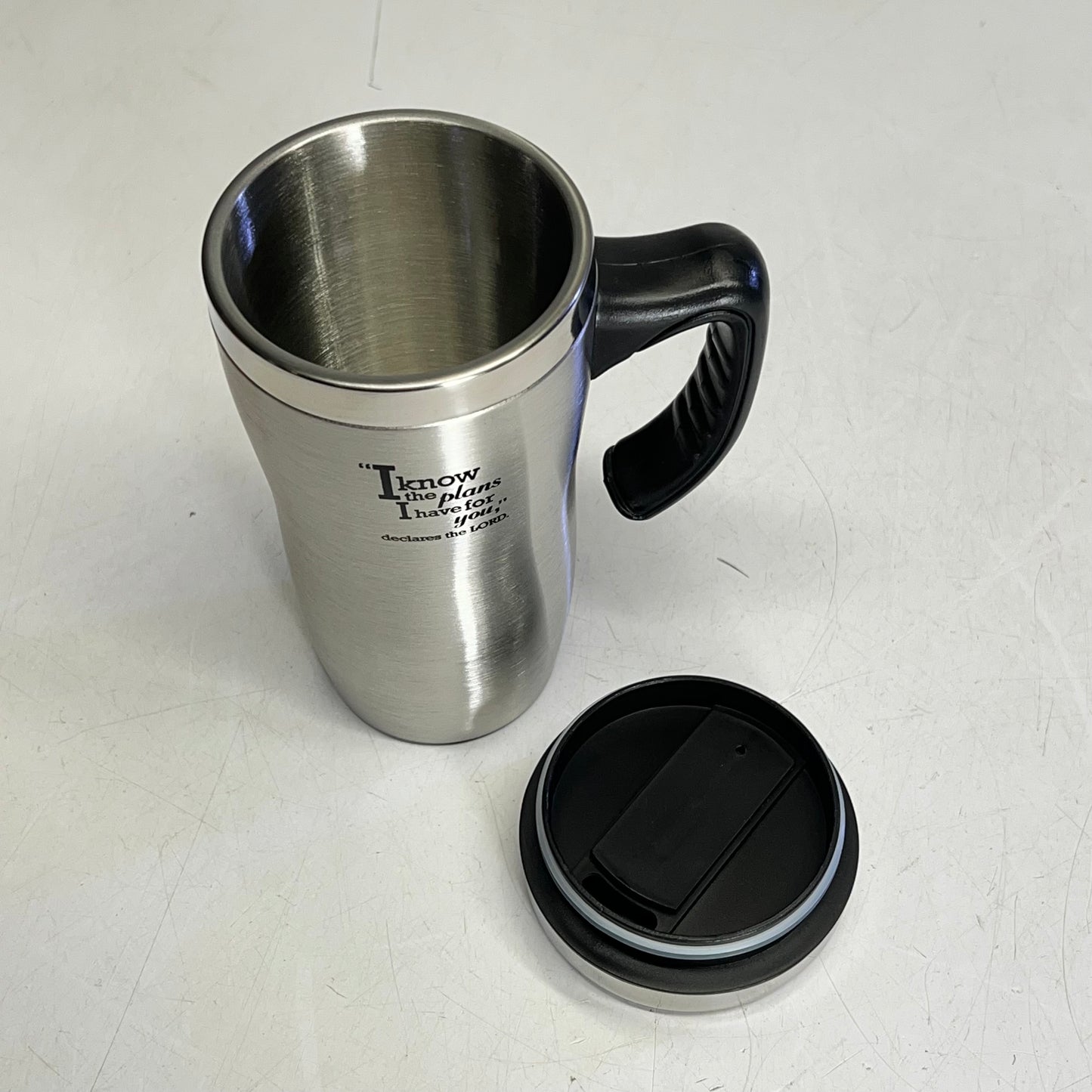 CHRISTIAN ART GIFTS Travel Mug W/ Handle Jeremiah 29:11 16fl Oz Silver SMUG098