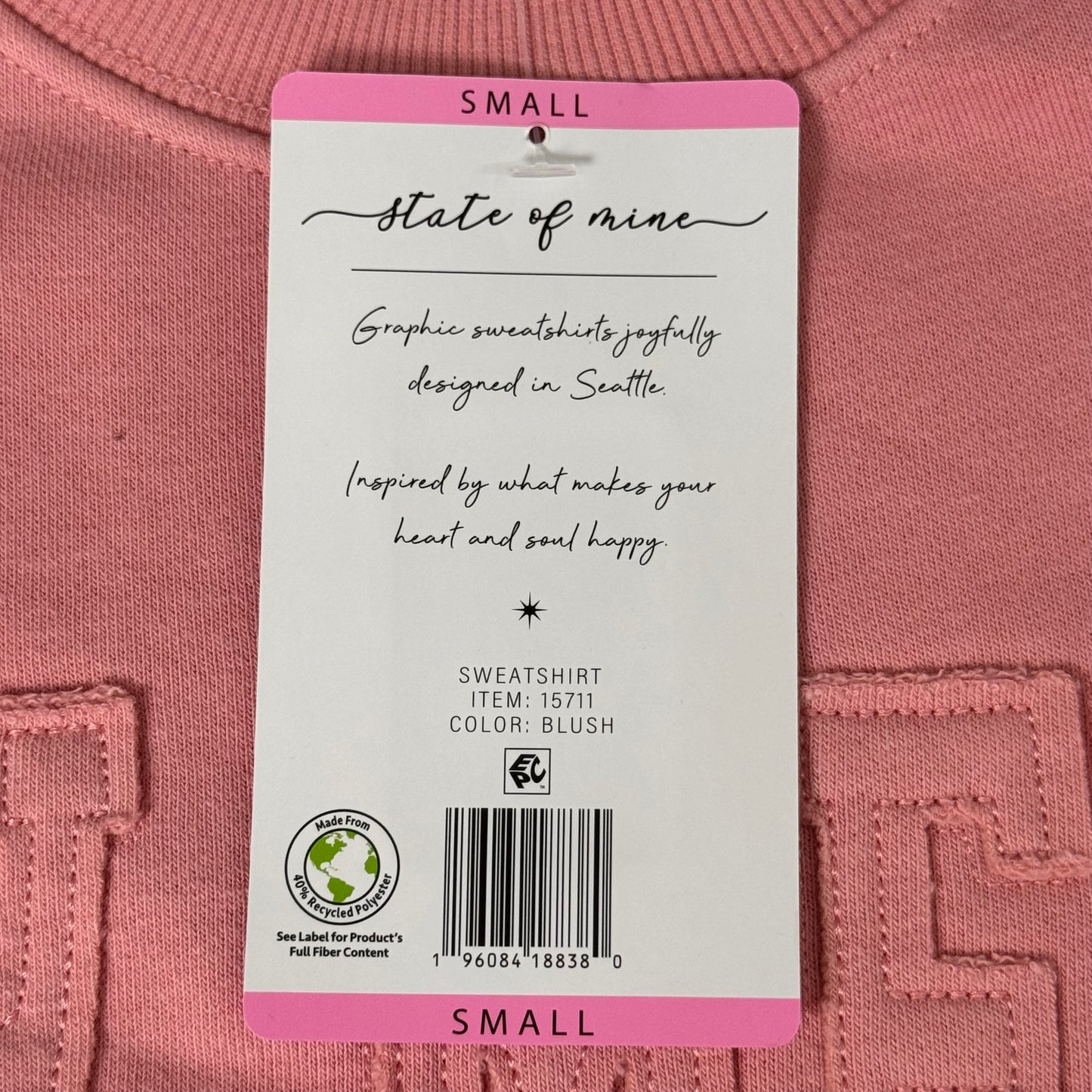 STATE OF MINE Sewn on New Mexico Crewneck Hoodie Blush Pink Women's Sz S 15711