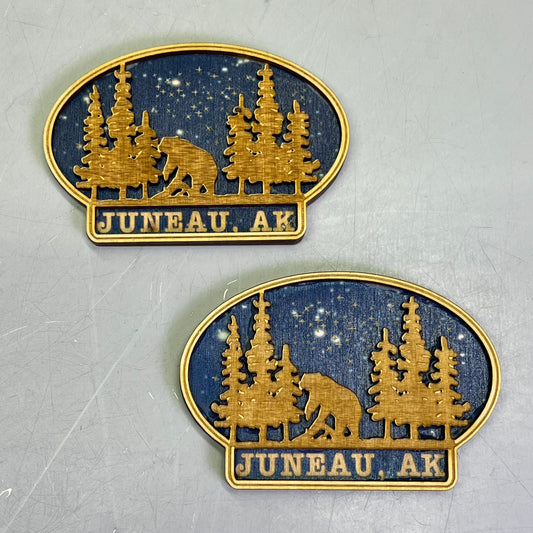 (2 PACK) Bear Starry Night Lasered Wood Magnet Souvenir JUNEAU, AK Made In USA