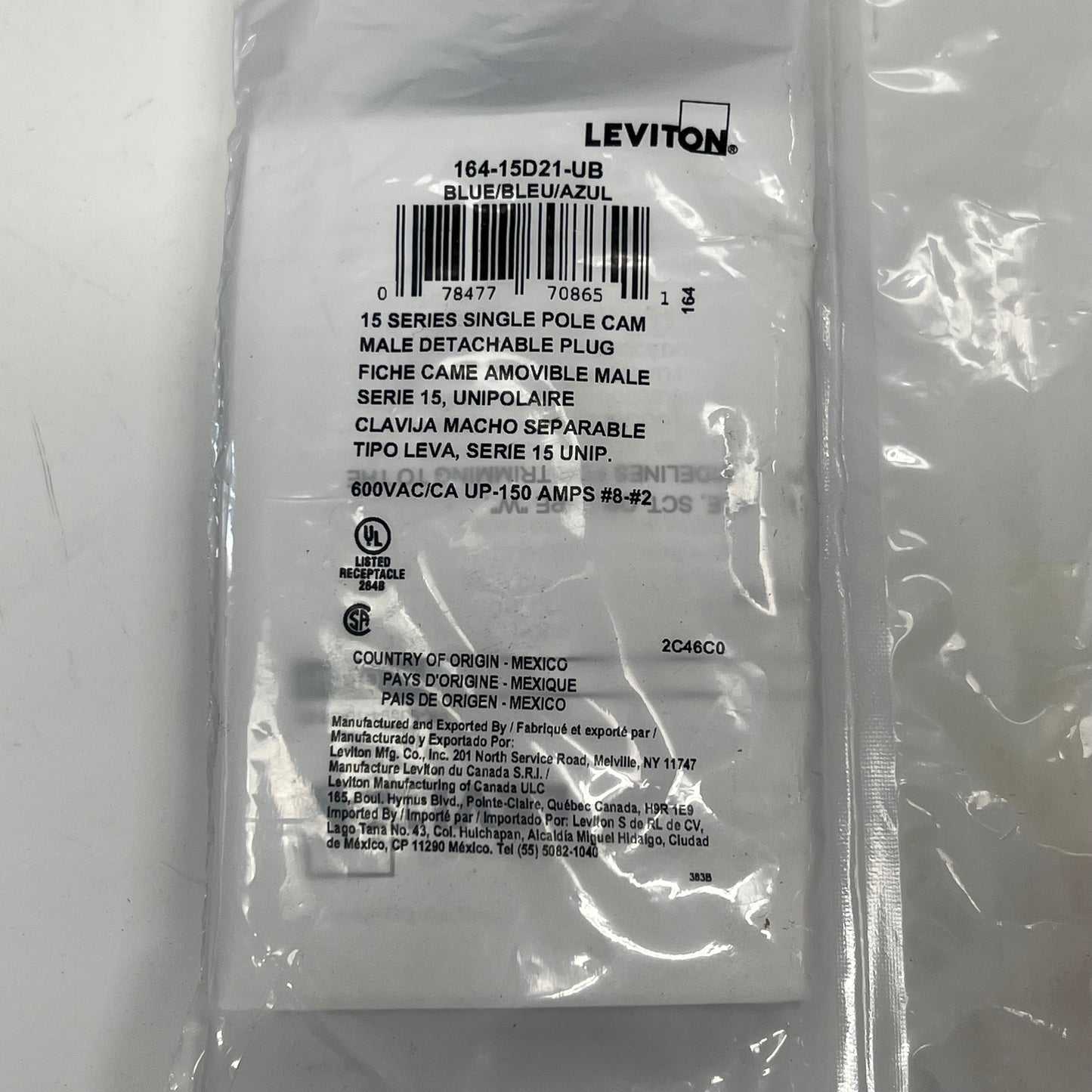 LEVITON 15 Series Male Plug Cable Range #8-#2 AWG Blue 164-15D21-UB
