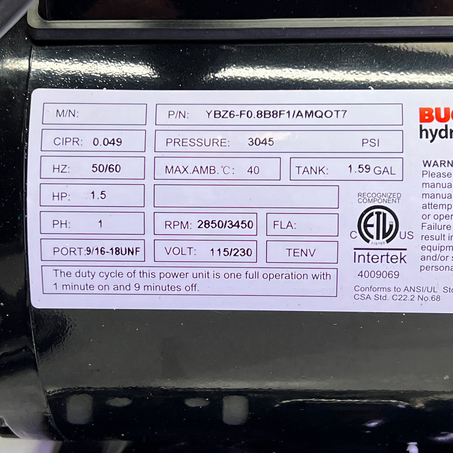 BUTCHER Hydraulic Power Unit 115/230 Volt 1.59 Gal Tank YBZ6-F0.8B8F1/AMQO|T7