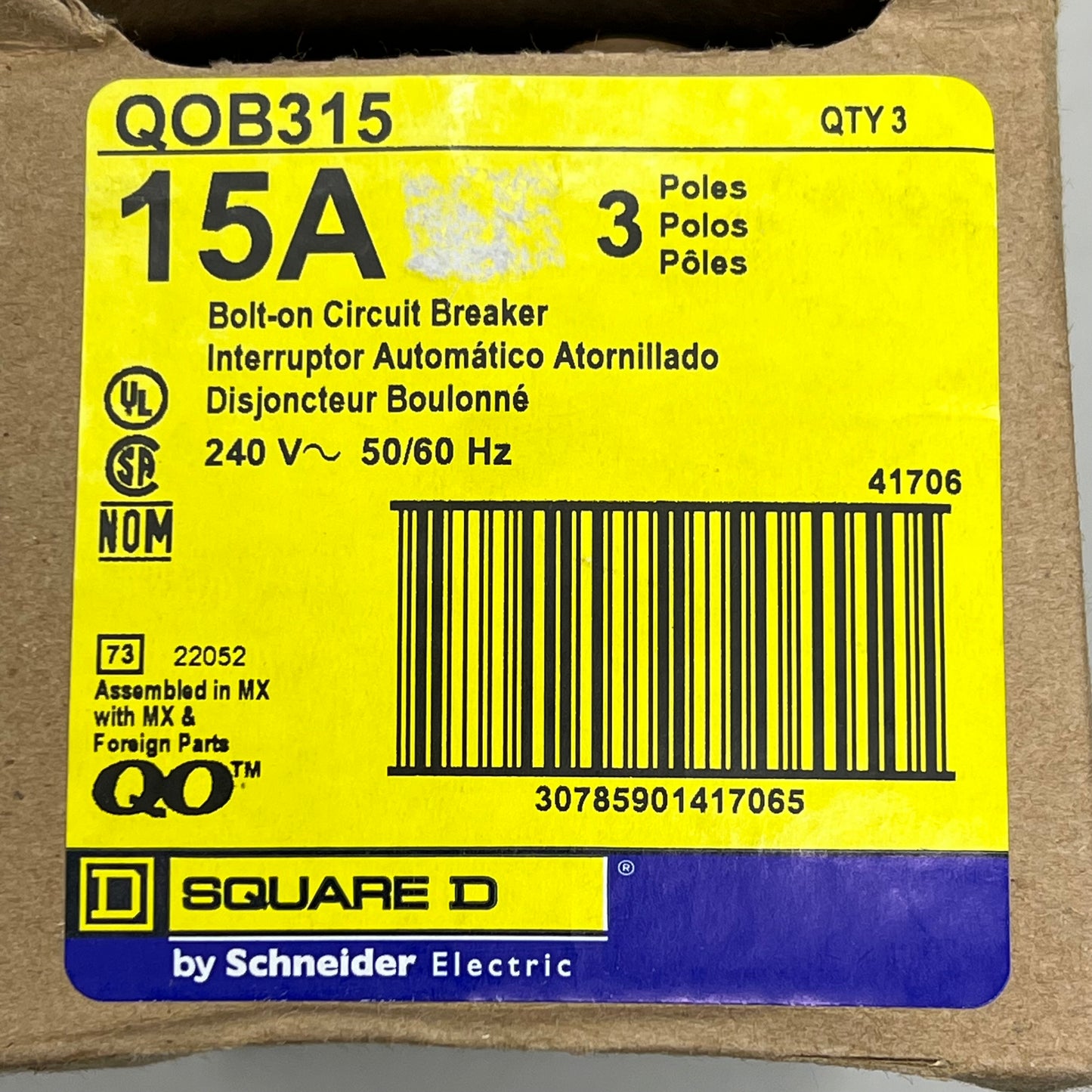 SQUARE D 15 Amp Circuit Breaker Bolt-On 3Pole 240V by Schneider Electric QOB315