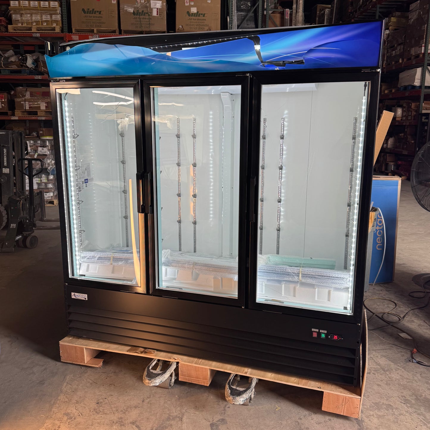 ZA@ Pallet of AVANTCO Merchandiser Refrigerator Sz 30"W x 78"L x 80"H, 178GD69HCB (AS-IS, Damaged)