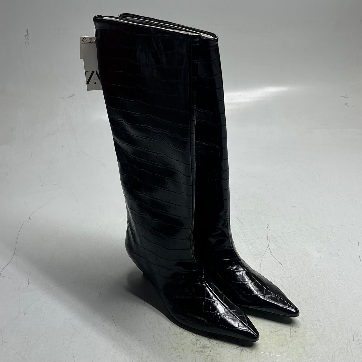 ZA@ ZARA Pointed Toe Crackled Kitten Heel Calf Boot Women's Sz 38 Black
