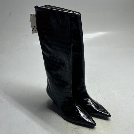 ZA@ ZARA Pointed Toe Crackled Kitten Heel Calf Boot Women's Sz 38 Black