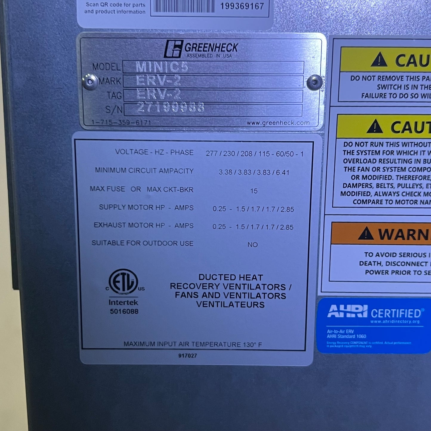 GREENHECK Core Energy Recovery Ventilator MINIC5