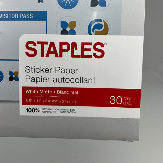 STAPLES (30 PACK) Sticker Paper Create Tags Labels & More 8.5"x11" White Matte