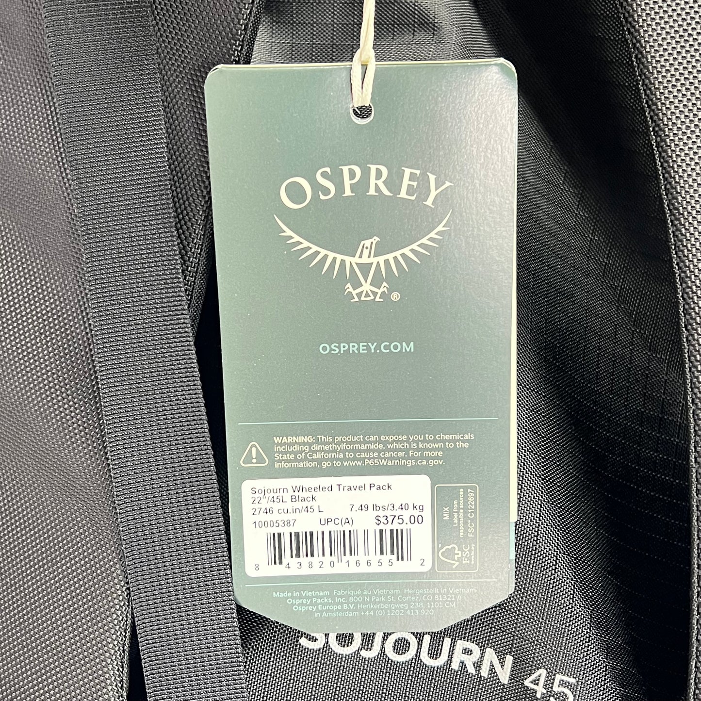 OSPREY Sojourn Shuttle Bag Rolling Duffel Tough Handle 45L Cap Black 10005387