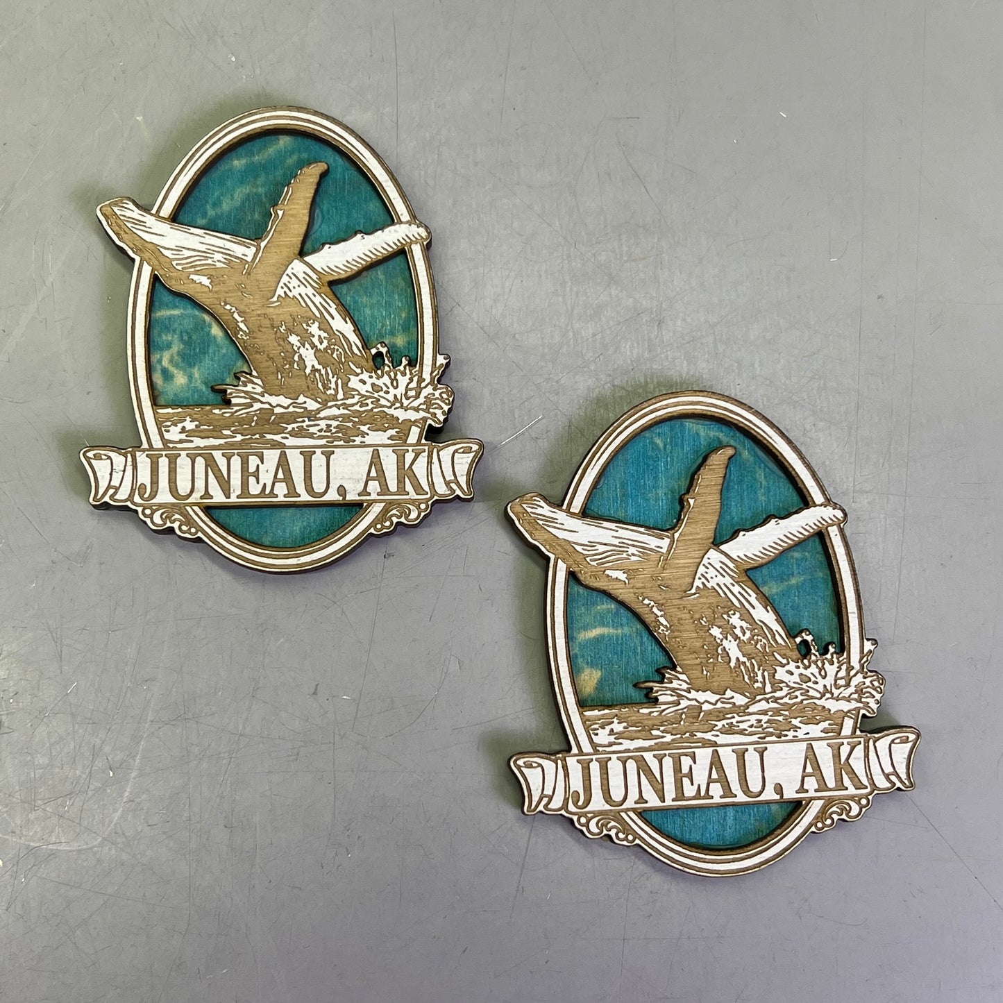 Z@ (2 PACK) Blue Whale Jump Laser Cut Wood Magnet Souvenir JUNEAU, AK Made In USA